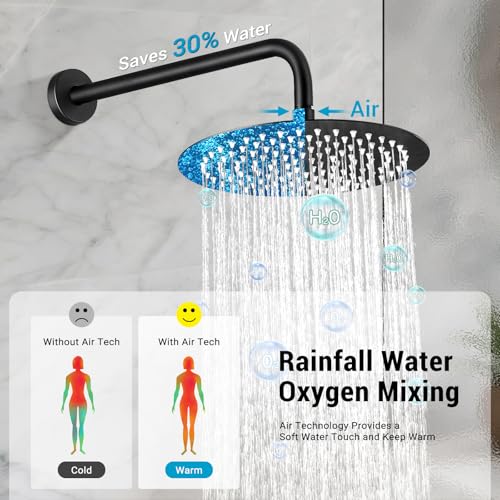 Juego de grifería para ducha de pared de 10 pulgadas, acabado negro mate, cuerpo de válvula | Acero inoxidable 304 resistente a la corrosión, tecnología Air Tech que aumenta la presión un 50 %, diverter de 2 funciones, conexión NPT 1/2 miniatura 3