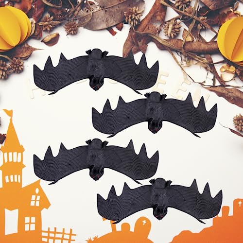 4 Pack Halloween Hanging Bats, Rubber Bats, Realistic Looking Spooky Bats, Flying Bats Halloween Decoration (Bat) - Thumbnail 2