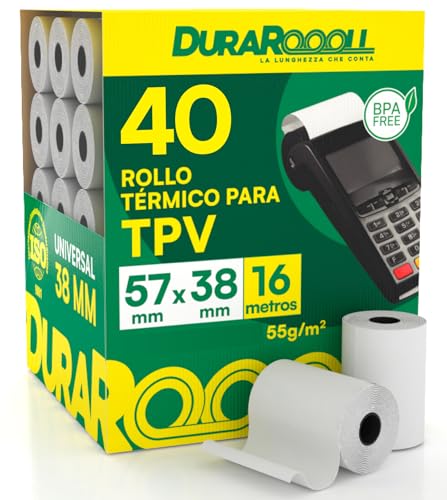 40 Rollos Papel Termico TPV Datafono DuraRoooll - Rollos Térmicos POS 57mmx38mmx16m Compatibles con Nexi SumUp Pax Axerve Ingenico para Recibos Comprobantes Tarjetas Bancarias y de Crédito