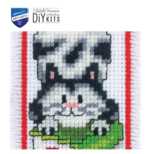 Image of Vervaco Cross Stitch Embroidery Kit for Adults, Set Pre-Printed with Design on 100% Cotton Fabric, Templates 2,4 x 8 Inches - 6 20 cm, Bookmark Kit, Cat & Book