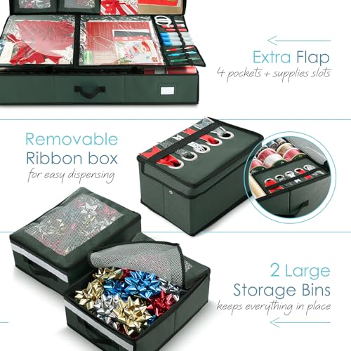 Image of Hearth & Harbor Holiday Storage with Extra 2 PC of Christmas Storage Bins and Ribbon Storage Organizer - Fade Resistant Wrapping Paper Storage Containers with Wheels Fits Up to 30 Rolls of 40 inch Length