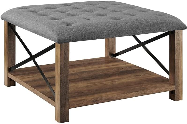 Walker Edison Abri Modern Farmhouse Metal X Tufted Ottoman, 30 Inch, Grey