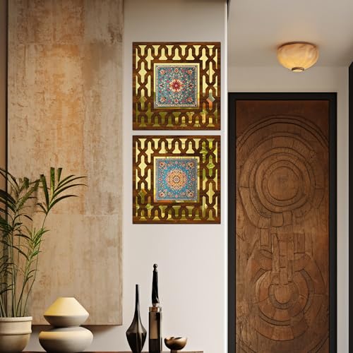 Image of Wooden Turkish Mirror Wall Decor Panel for Home Decor Living Room Bed Room Office (AD7, 12X12 Inches, Set of 2)