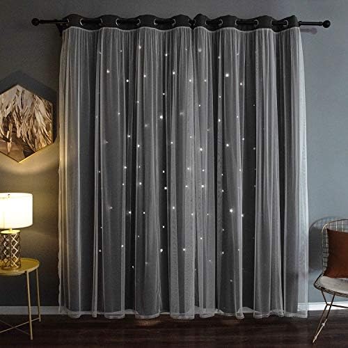 Kinryb Grey 52W x 63L Curtain Hollow-Out Stars Curtains for Kids Girls Bedroom Living Room Double Layer Blackout Window Curtains Thermal Insulated Room Darkening Curtains 2 Panel 52" W x 63" L Grey