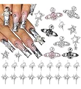 RODAKY 30PCS Planet Nail Charms 3D Silver Star Nail Art Charms Pink Nail Rhinestone Shiny Starlig...