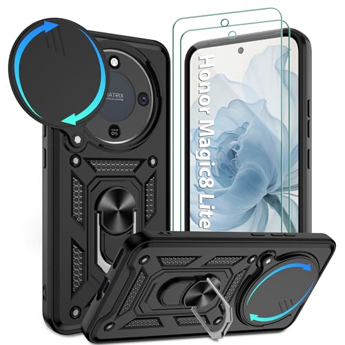 Jshru for Honor Magic8 Lite Case with Screen Protector Built-in Camera Protection Cover and Ring Kickstand Military Grade Shockproof Case Magic8 Lite-Black