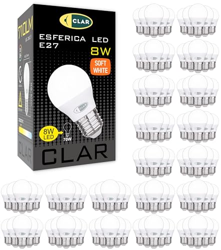 CLAR   Bombilla LED E27 Luz Cálida, Bajo Consumo, Pequeña, 40W Equivalente, G45, 8W (Pack 100)