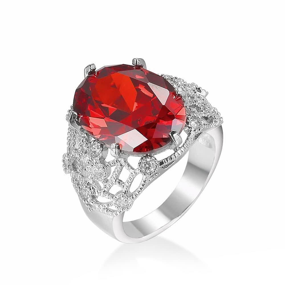 Vintage Women 925 Silver Ring Creative Large Carat Oval Shape Garnet Birthstone Ring Exaggerate CZ Red Gem Cocktail Rings Eternity Engagement Wedding Band Ring for Women HM-254 (9)