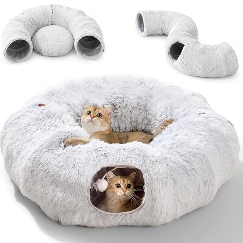 Velvaria Plush Cat Tunnel Bed Circle Cat Tunnel with Hanging Balls & Peepholes Washable Cushion Foldable Multifunctional Cat Toys for Kitten Puppy Rabbit Ferret Indoor Pet Entertainment Rest Bed