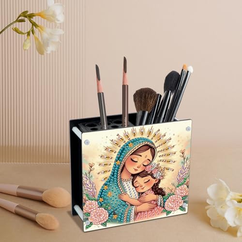 Image of DIY 5D Diamond Painting Pen Holder - Religious Mother & Daughter Pencil Organizer for Faith Gifts, Acrylic Crystal Rhinestones Diamond Art Holder, Perfect for Storing Pens, Pencils, and Rulers