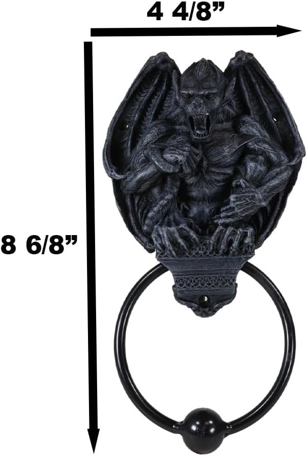 Miniatura 3 de Ebros Gift Aldaba de puerta con cabeza de gárgola de guardián gótico con anillo de metal, escultura de bola de golpeo, espíritu de Halloween, acento