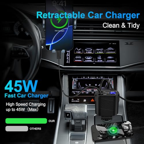 45W Car Charger 4 in 1,2 Retractable Cables (31.5in) and USB A+C Ports Retractable Car Charger for Samsung Galaxy A72 A56 A36 A35 A26 A16 5G A55 A15 5G A25 A54 S25 Ultra S24 Ultra S24 FE S22 S23 FE