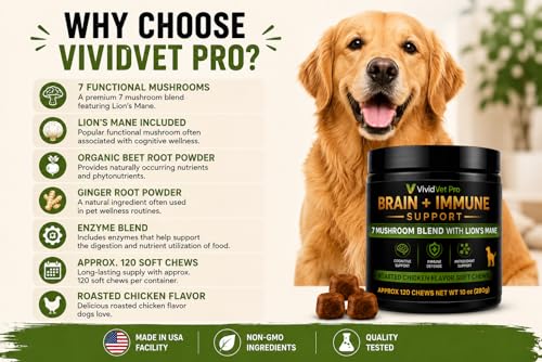 Turkey Tail Mushroom for Dogs - Immune, Gut & Brain Support Supplement for Dogs - 7 Mushroom Blend with Lion's Mane, Reishi, Chaga, Cordyceps, Maitake & Shiitake - Chicken Flavor Soft Chews -120 Count — view 6