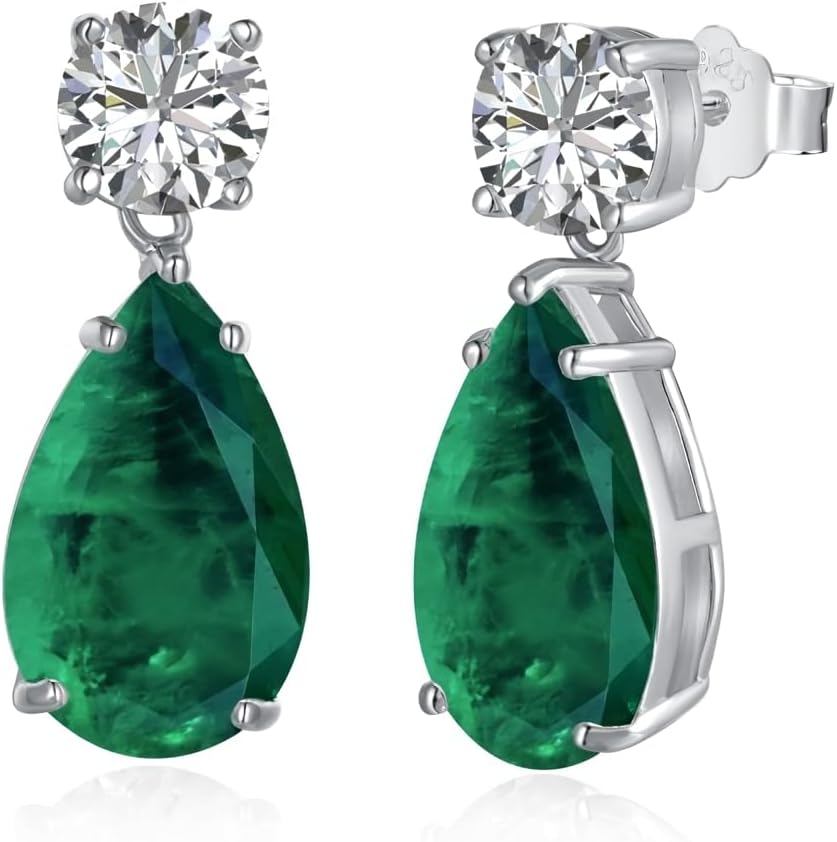 Emerald Earrings for Women Created Emerald Green earrings 18K White Gold Plated Silver Teardrop Pear Shape