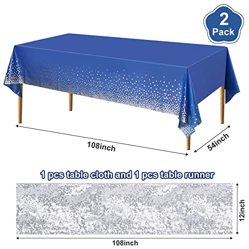 Image of Irenare 2 Pcs Blue and Silver Tablecloth and Sequin Table Runner Set Polka Dots Confetti Table Cover Dining Plastic Tablecloths Glitter Decorations for Birthday Wedding Anniversary Party Supplies