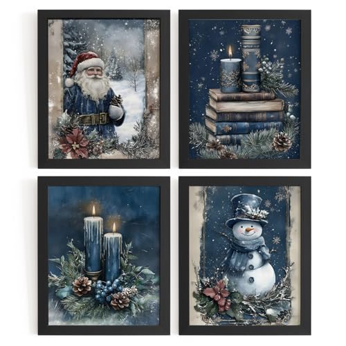 WXHUM Vintage Navy Blue Christmas Wall Art Decor, Vintage Navy
