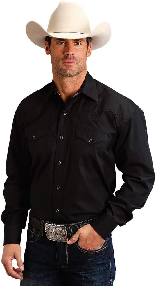 Stetson Men's Solid Peach Poplin Long Sleeve Snap Western Shirt Black Medium