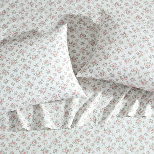 Image of Laura Ashley - Sheets, Cotton Percale Bedding with Matching Pillowcases, Crisp & Breathable, Deep Pocket, Fully Elasticized (Leanna Rose Pink, King)