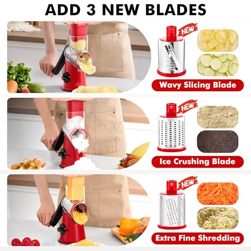 Image of GDL Cheese Grater Hand Crank - Upgraded 6-in-1 Cheese Grater with Handle and Strong Suction Base, Multi-purpose Cheese Shredder Vegetable Slicer Ice Shaver for Potato, Vegetables, Nuts, Chocolate