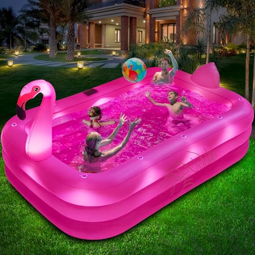 Inflatable Pool with Lights, Solar Flamingo Swimming Pool for Kids,Adults Inflatable Blow up Pool, Large Kiddie Pool,Durable Thickened Kids Pool for Backyard,Outdoor,100'X63'X20'-Bright Pink