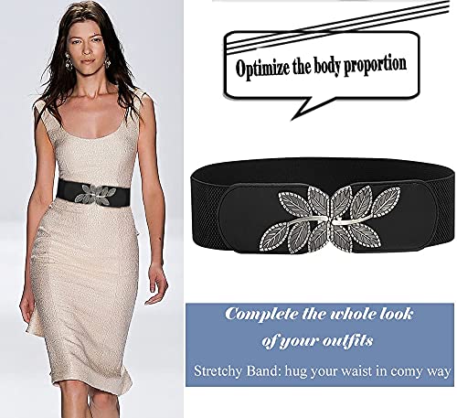 Women's Stretchy Belt for Dress Vintage Wide Gold/silver Leaf Buckle Waist Belts for women Elastic Waistband2