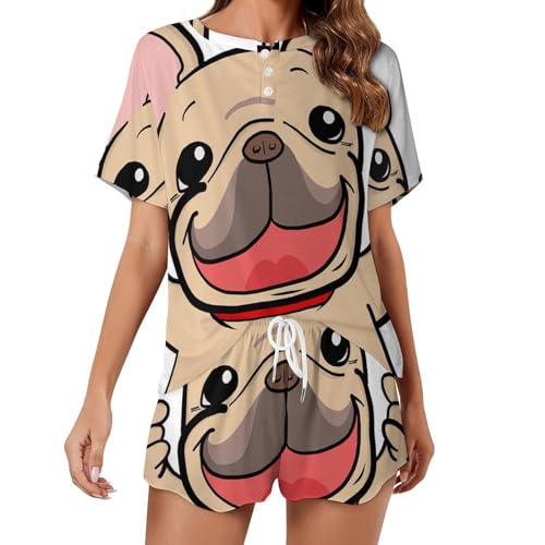 Pyjama femme manches courtes ensemble nuit été imprimé motif chien carlin