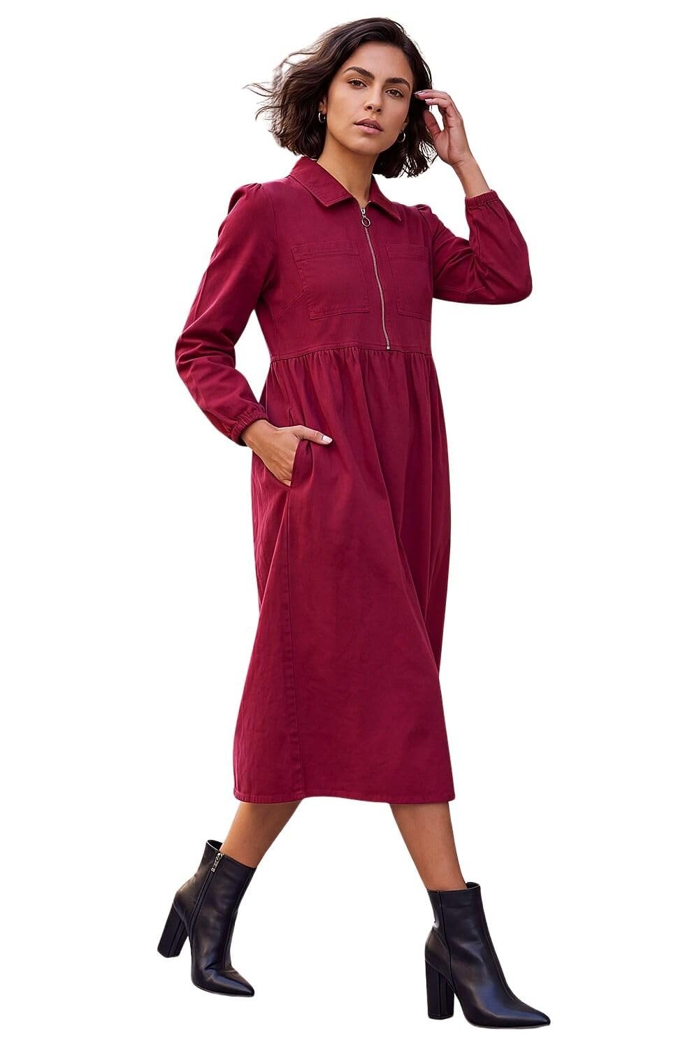 Roman Women's Wine Zip Front Collared Midi Dress In Size 14