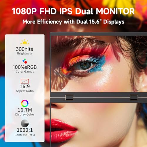 Image of Portable Monitor 15.6 inch Foldable Dual Screen Plug & Play for PC /Android /Switch /Xbox /PS5 FHD 1080P HDR Foldable Travel Display with HDMI /USB-C Ideal for Gaming, Office & Outdoor
