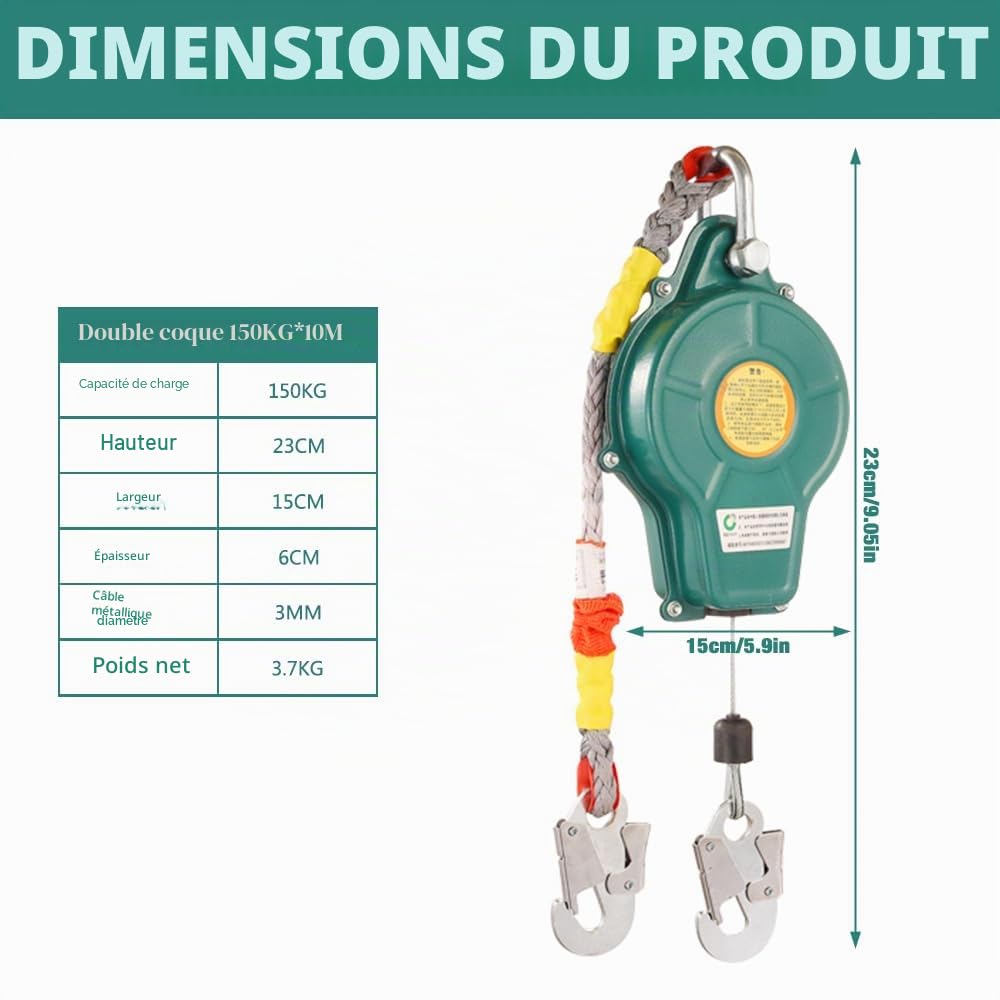 Antichute a Rappel Automatique,Harnais de Securite Anti Chute Certifié,Protection Anti-Chute RéTractable pour Couvreur,Dispositif SéCurité Hauteur avec Fonction Verrouillage Automatique,Charge: 150kg