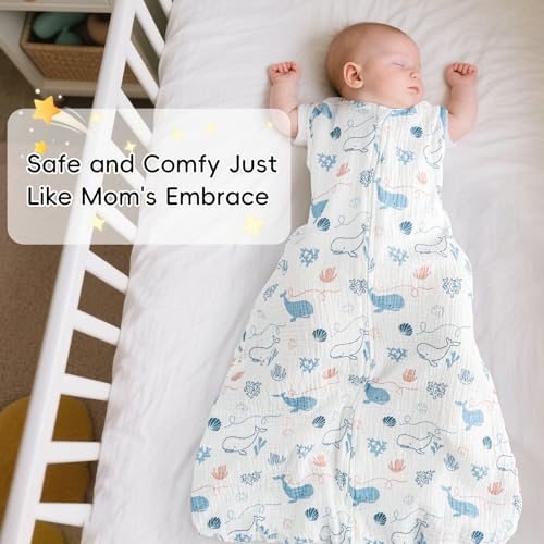 Image of david's kids Muslin Cotton Baby Sleep Sack 0-6 Months, 2 Pack 100% Cotton Sleeping Bag for Summer, TOG 0.5 Baby Wearable Blankets with 2-Way Zipper, Soft Sleep Sacks for Newborn Infant, Whale