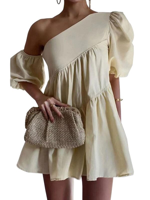Image of UOOZEE Women's Summer One Shoulder Mini Dress Puff Short Sleeve A Line Flowy Cocktail Party Club Short Dresses