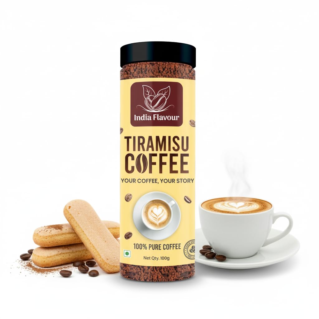India Flavour Tiramisu Coffee, Instant Flavoured Coffee Powder – 50 Cups in 100g | Italian Dessert-Inspired | Hot & Cold Coffee | Agglomerated Instant Coffee (100g, Tiramisu)