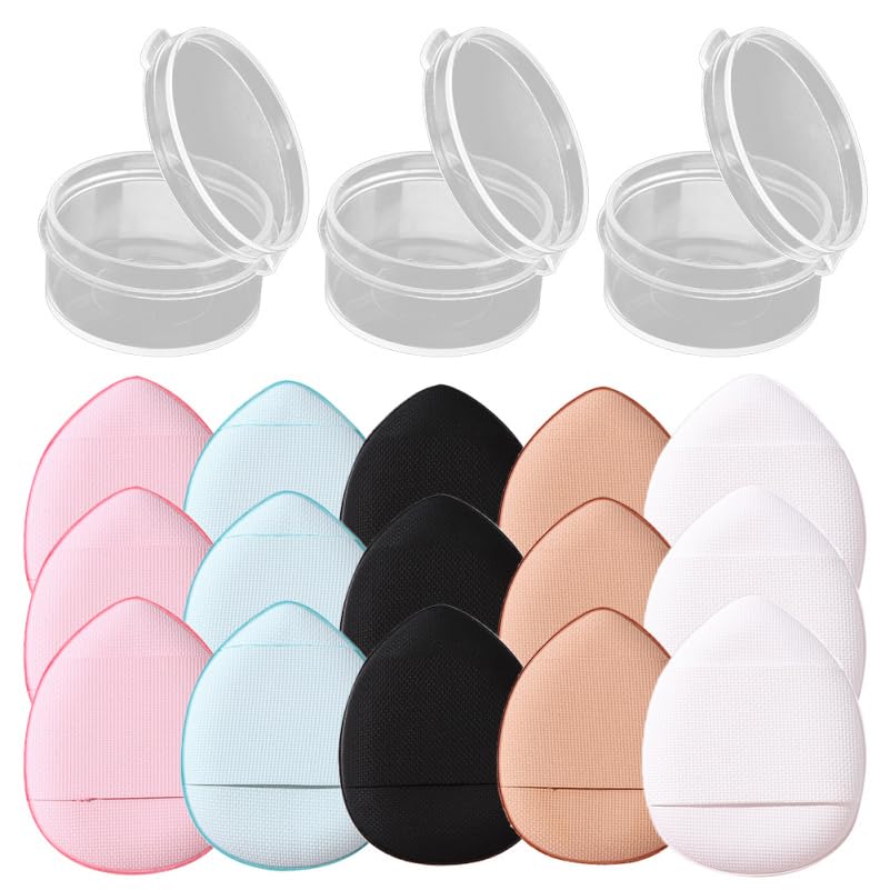 LALAFINA Mini Fingertip Powder Set 15 Washable Makeup Powder Puff Applicators for Loose Liquid Foundation Cream Sunscreen Blush with 3 Storage Boxes