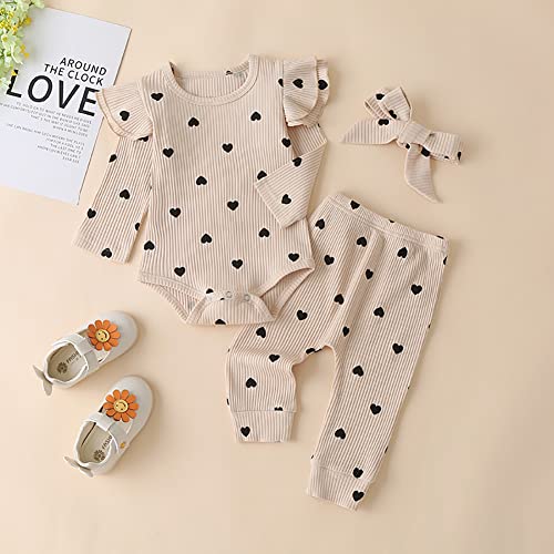 Newborn Baby Girl Clothes Infant Girls Outfits Ribbed Ruffled Long Sleeve Romper Bodysuit Pants Headband Set2