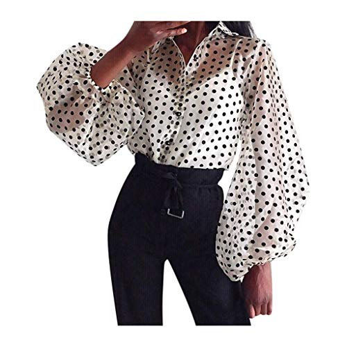 Xuways Women Long Flare Sleeves Polka Dot Mesh See-Through Long Lantern Sleeve Tops