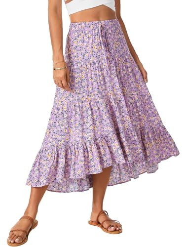 Rooscier Women's Floral Print High Low Drawstring Tiered Pleated High Waist A Line Midi Skirts Purple X-Large4