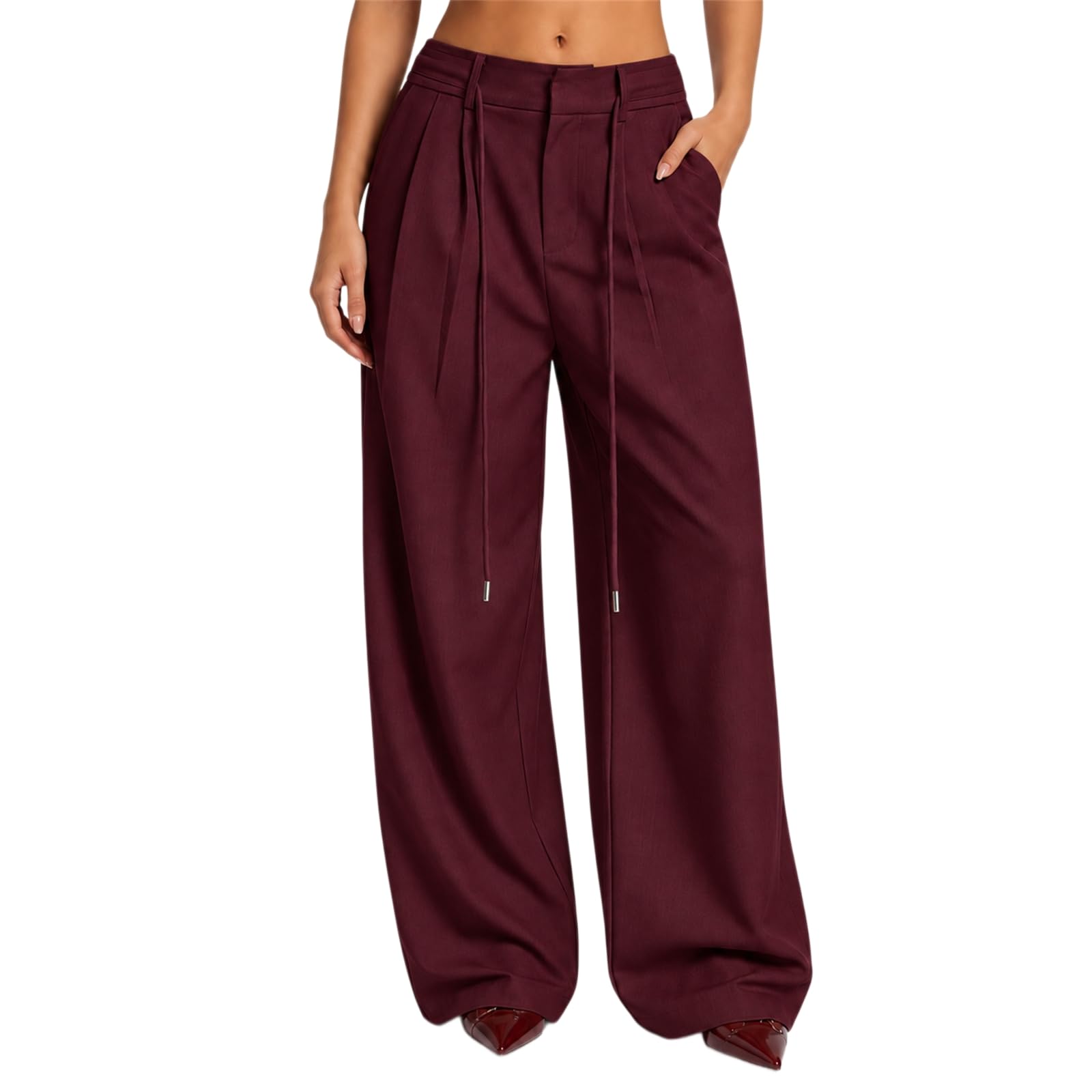 Pantaloni da donna a gamba larga, plissettati, con laccetti in vita, per
