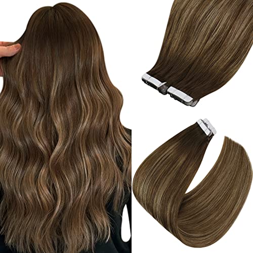 VeSunny 18" Remy Tape in Hair Extensions Human Hair Color #4 Dark Brown Fading to #27 Caramel Blonde Mixed Brown Straight Hair Extensions 20 pcs 50 Gram/Pack
