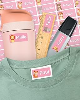 melu kids® Name Labels for Clothes & Items (50, Green) No-Iron Labels, Personalised and Washable Clothing Kids Name Stickers, Stick on Tags School, Care Homes