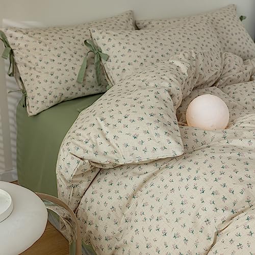 Image of LifeTB Full Comforter Set Vintage Green Floral Bedding Comforter Boho Flower Cottagecore Comforter with 2 Bow Ties Pillowcases Fluffy Lightweight Bedding Farmhouse Botanical Comforter Set