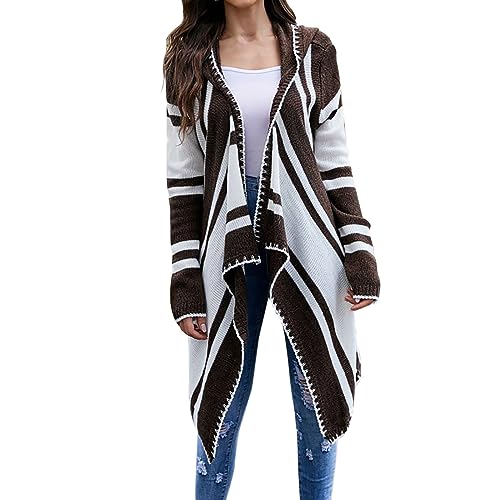 Massage Sweater Women'S Autumn And Winter Striped Color Contrast Hooded Long Sleeve Knit Cardigan Sheer Cardigan for Women