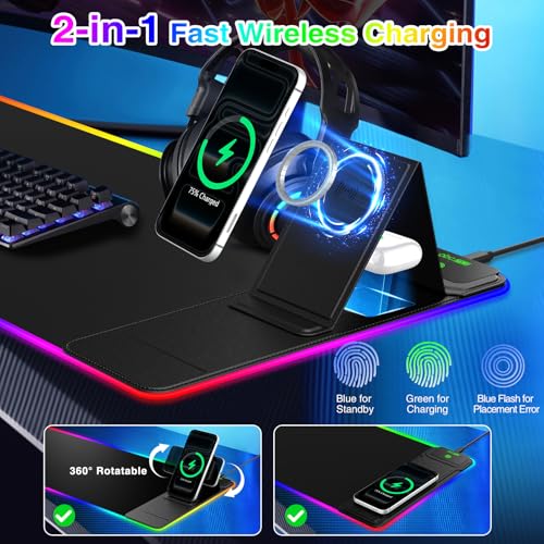 Image of XL RGB Gaming Mousepad, 25 Lighting Effects, 15W Fast Charging, Phone Stand | 31.5 inchx11.8 inch Extended Keyboard Mat Pad with Stitched Edges, Ultra-Smooth Waterproof Surface, Non-Slip Base