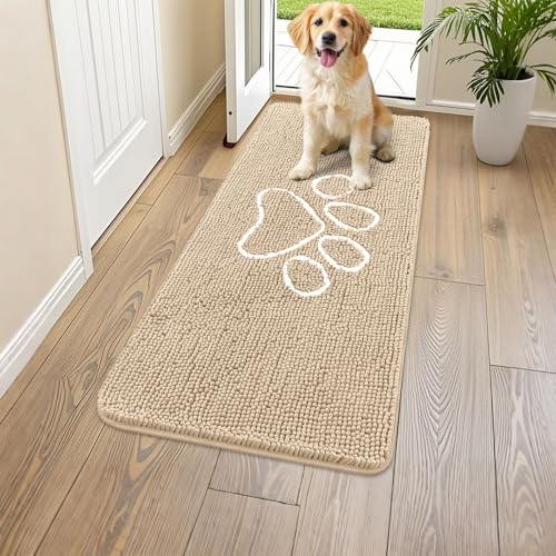 Image of Smiry Dog Door Mat for Muddy Paws, Absorbent Dirt Trapper Non Slip Quick Dry Washable Chenille Mat for Mud Dogs, Entry Rug for Indoor and Outdoor (45x27 Inches, Beige and White)