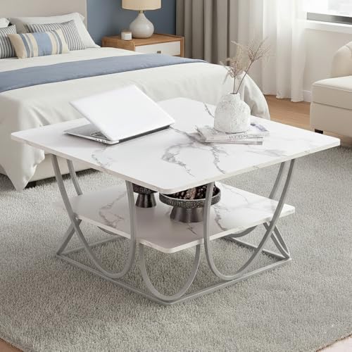 Image of Round Storage Coffee Table Contemporary Coffee Table for Living Room Wood Top with Metal Frame (Gry White Square)