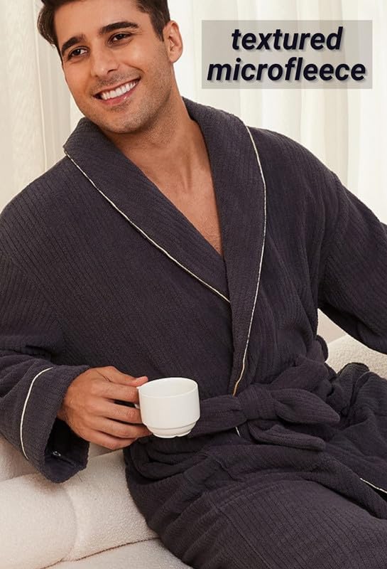 Vulcanodon Mens Shawl Collar Fleece Bathrobe, Soft Warm Long Sleeve Robe with Pockets Spa Robes for Men Cozy Sleepwear - Image 5