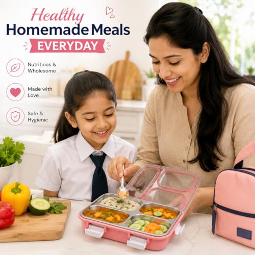 Image of 950ML Stainless Steel Bento Lunch Box |3 Compartments, Leakproof Tiffin Box with Spoon & Fork for School | Office & Travel (Pink)