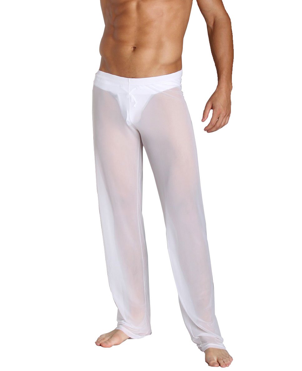 Pantalon transparent blanc en maille - Vêtement de nuit pour homme - Lingerie sexy en nylon - Pantalon en maille transparente - Pantalon long pour homme - Pantalon en maille fine