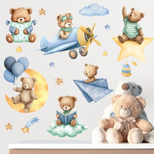 Vinilos decorativos para pared con diseño de oso y avión azul miniatura 4