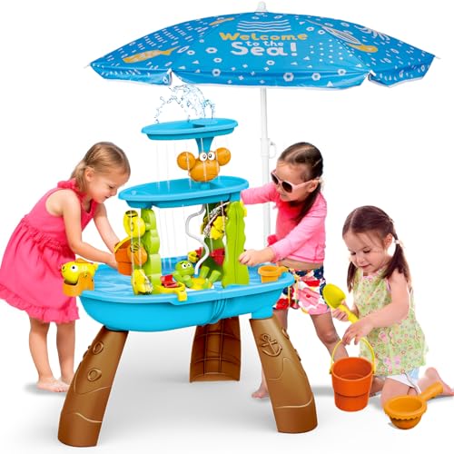TALGIC Outdoor Sand & Water Table for Kids Ages 3-8 - Sensory Play Table with Electric Water Pump, Umbrella, & Accessories for Backyard Fun