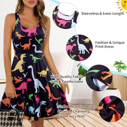 Image of uideazone Women Funny Print Sleeveless U Neck A Line Casual Midi Dress | Soft Stretchy Breathable Fabric Flared Swing Sundress Fitted Waist for Daily Wear 80 /90s Themed Party Beach Vacation Trips
